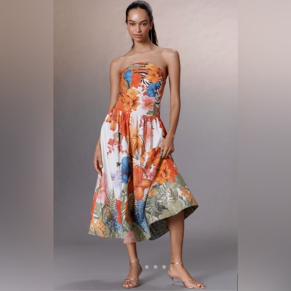 Maeve Dresses & Skirts - Maeve by Anthropologie Strapless Tiger & Tropical Printed Midi Dress. NWT
